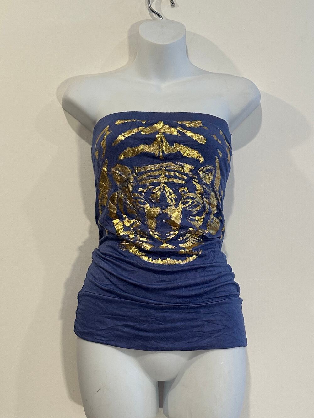 Vintage Bershka Y2K Metallic Gold Tiger Graphic Strapless Tube Top Small